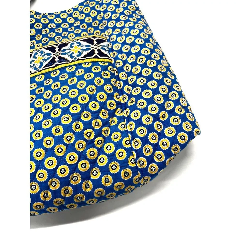 VERA BRADLEY Tote Bag Riviera Blue‎ Yellow Flower Pockets Quilted Snap Closure